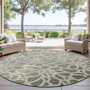 HomeRoots 8' Vibrant Lime Green & Beige Round Botanical Leaves Rug - Washable, Durable, Indoor/Outdoor Style! 690982