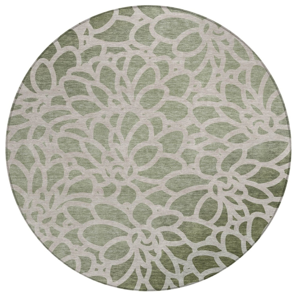 HomeRoots 8' Vibrant Lime Green & Beige Round Botanical Leaves Rug - Washable, Durable, Indoor/Outdoor Style! 690982