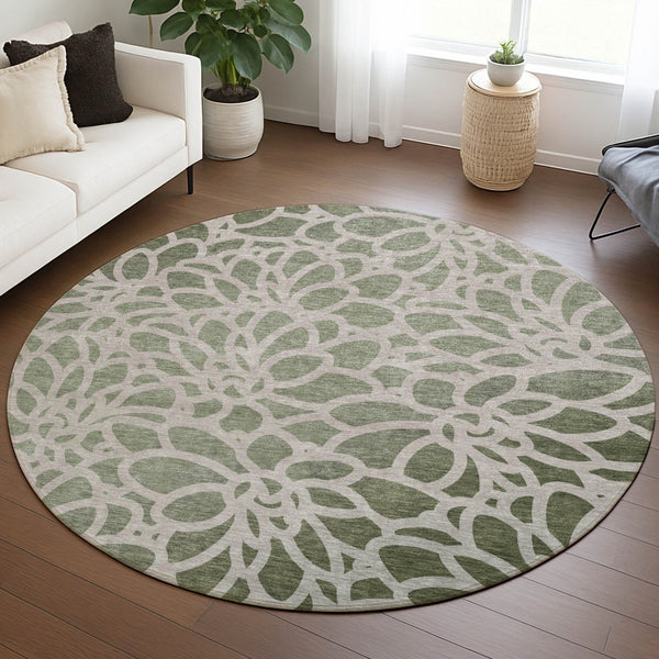 HomeRoots 8' Vibrant Lime Green & Beige Round Botanical Leaves Rug - Washable, Durable, Indoor/Outdoor Style! 690982