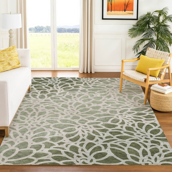 HomeRoots 9' X 12' Durable Washable Lime Green & Beige Botanical Area Rug for Indoor & Outdoor Spaces 690984