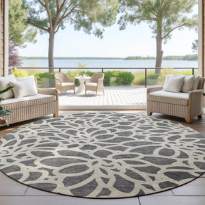HomeRoots 8' Gray And Ivory Round Area Rug – Stylish Botanical Design, Washable for Indoor & Outdoor Use 690988