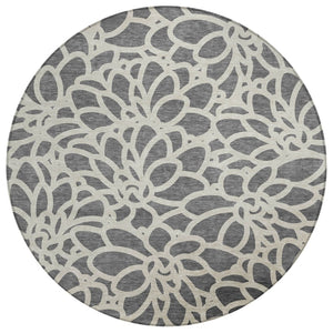 HomeRoots 8' Gray And Ivory Round Area Rug – Stylish Botanical Design, Washable for Indoor & Outdoor Use 690988