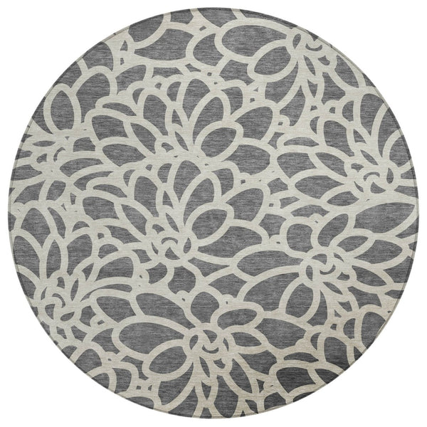 HomeRoots 8' Gray And Ivory Round Area Rug – Stylish Botanical Design, Washable for Indoor & Outdoor Use 690988