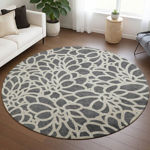 HomeRoots 8' Gray And Ivory Round Area Rug – Stylish Botanical Design, Washable for Indoor & Outdoor Use 690988