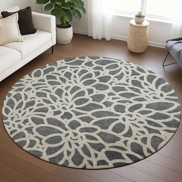 HomeRoots 8' Gray And Ivory Round Area Rug – Stylish Botanical Design, Washable for Indoor & Outdoor Use 690988