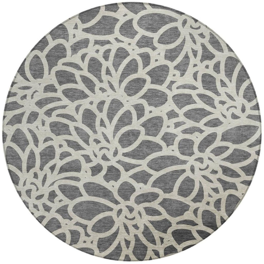HomeRoots 8' Gray And Ivory Round Area Rug – Stylish Botanical Design, Washable for Indoor & Outdoor Use 690988