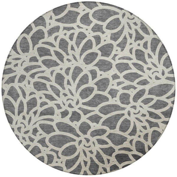 HomeRoots 8' Gray And Ivory Round Area Rug – Stylish Botanical Design, Washable for Indoor & Outdoor Use 690988
