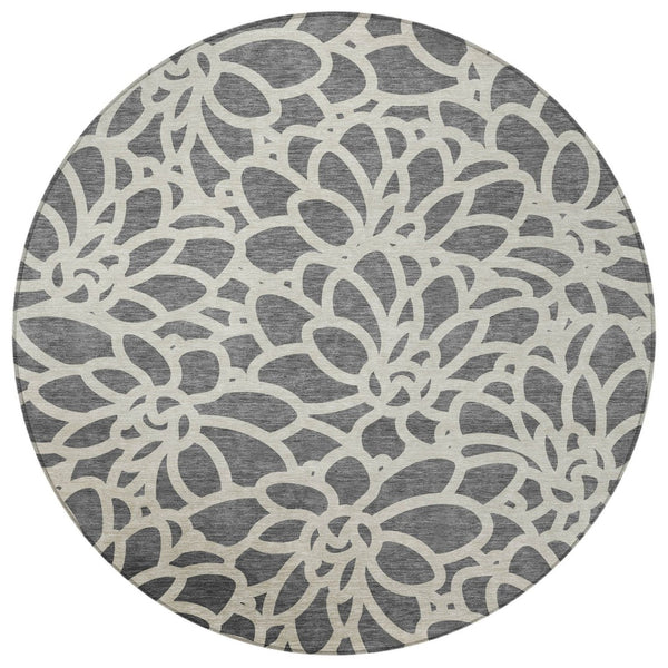 HomeRoots 8' Gray And Ivory Round Area Rug – Stylish Botanical Design, Washable for Indoor & Outdoor Use 690988