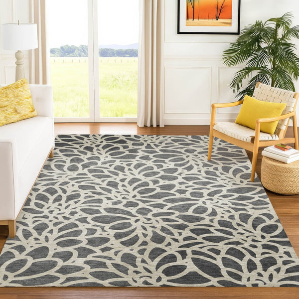 HomeRoots 10' Gray and Ivory Botanical Leaves Washable Area Rug - Stylish, Durable, Indoor/Outdoor Versatility 690991