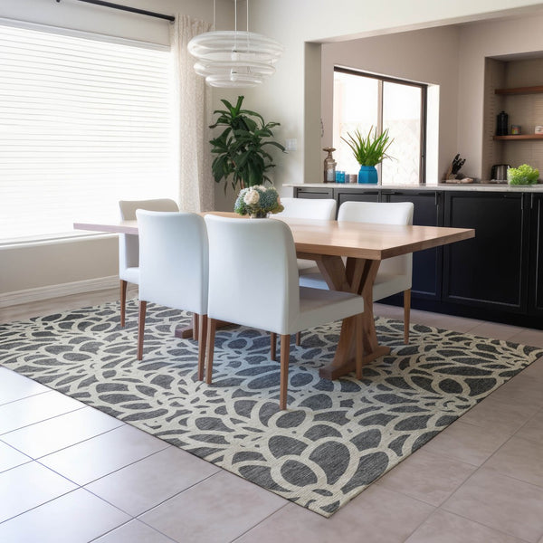 HomeRoots 10' Gray and Ivory Botanical Leaves Washable Area Rug - Stylish, Durable, Indoor/Outdoor Versatility 690991