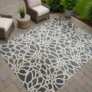 HomeRoots 10' Gray and Ivory Botanical Leaves Washable Area Rug - Stylish, Durable, Indoor/Outdoor Versatility 690991