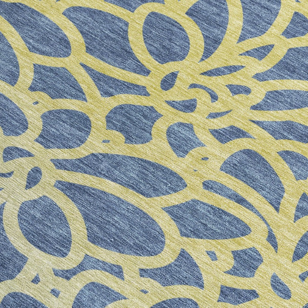 HomeRoots 5' Navy Blue and Gold Botanical Leaves Area Rug – Washable, Durable, Indoor/Outdoor Design for All Spaces 690993