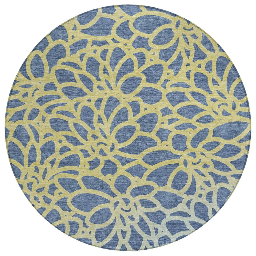 HomeRoots 8' Navy Blue and Gold Round Botanical Leaves Rug - Durable, Washable, Perfect for Indoor & Outdoor Use 690994