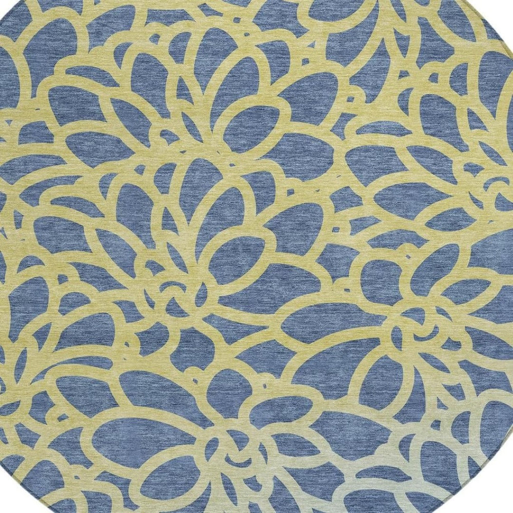 HomeRoots 8' Navy Blue and Gold Round Botanical Leaves Rug - Durable, Washable, Perfect for Indoor & Outdoor Use 690994