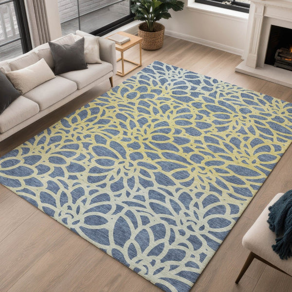 HomeRoots 10' Navy Blue and Gold Botanical Leaves Area Rug – Washable, Durable, Indoor/Outdoor Versatility! 690997
