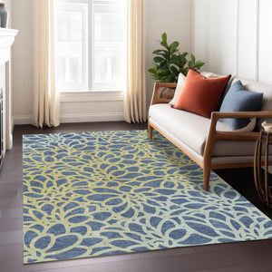 HomeRoots 10' Navy Blue and Gold Botanical Leaves Area Rug – Washable, Durable, Indoor/Outdoor Versatility! 690997