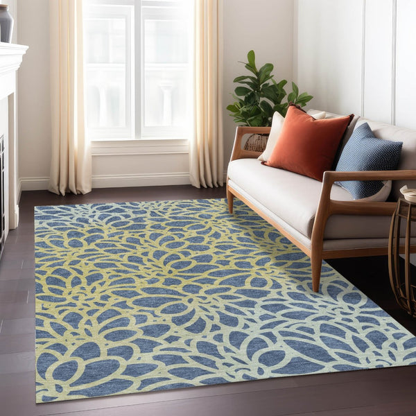 HomeRoots 10' Navy Blue and Gold Botanical Leaves Area Rug – Washable, Durable, Indoor/Outdoor Versatility! 690997