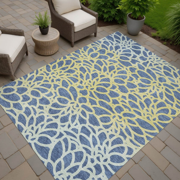 HomeRoots 10' Navy Blue and Gold Botanical Leaves Area Rug – Washable, Durable, Indoor/Outdoor Versatility! 690997