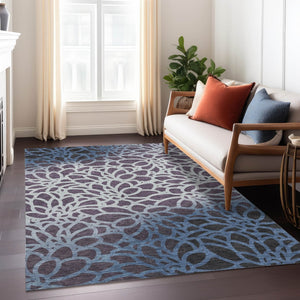 HomeRoots 5' X 8' Vibrant Plum and Blue Botanical Leaves Rug - Durable, Washable, Indoor/Outdoor Versatility! 690999