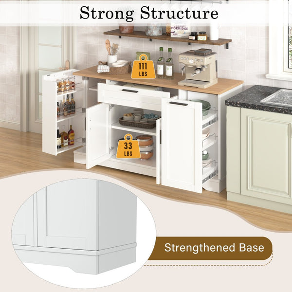 English Elm Trexm Multifunctional Sideboard with Pull Out Bottle Rack Adjustable Shelves Kitchen Storage White XW000026AAK