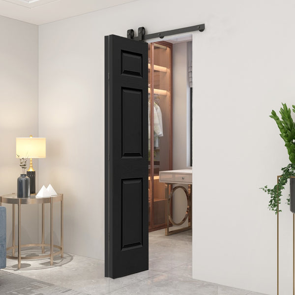 English Elm 24 in Primed Mdf Bi-fold Barn Door with Raised 6-panel Profile and Sliding Hardware Black B2763P490994
