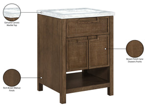 Meridian Furniture Soren Solid Wood Bathroom Vanity with Cane Drawer Fronts and Stone Top for Modern Bathrooms Brown 24 inches 690Brown-24