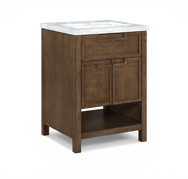 Meridian Furniture Soren Solid Wood Bathroom Vanity with Cane Drawer Fronts and Stone Top for Modern Bathrooms Brown 24 inches 690Brown-24