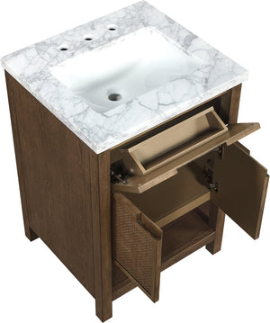 Meridian Furniture Soren Solid Wood Bathroom Vanity with Cane Drawer Fronts and Stone Top for Modern Bathrooms Brown 24 inches 690Brown-24
