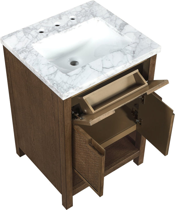 Meridian Furniture Soren Solid Wood Bathroom Vanity with Cane Drawer Fronts and Stone Top for Modern Bathrooms Brown 24 inches 690Brown-24