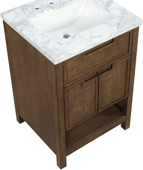 Meridian Furniture Soren Solid Wood Bathroom Vanity with Cane Drawer Fronts and Stone Top for Modern Bathrooms Brown 24 inches 690Brown-24
