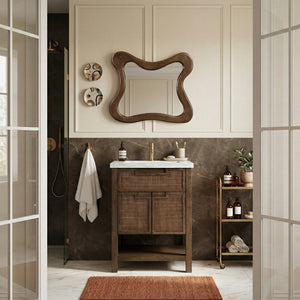 Meridian Furniture Soren Solid Wood Bathroom Vanity with Cane Drawer Fronts and Stone Top for Modern Bathrooms Brown 24 inches 690Brown-24