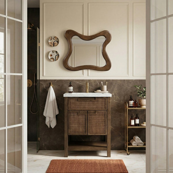 Meridian Furniture Soren Solid Wood Bathroom Vanity with Cane Drawer Fronts and Stone Top for Modern Bathrooms Brown 24 inches 690Brown-24