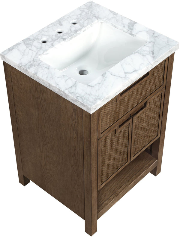 Meridian Furniture Soren Solid Wood Bathroom Vanity with Cane Drawer Fronts and Stone Top for Modern Bathrooms Brown 24 inches 690Brown-24