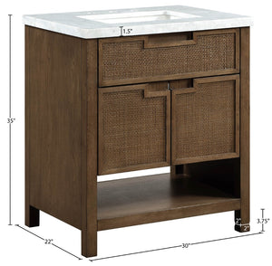 Meridian Furniture Soren Solid Wood Bathroom Vanity with Cane Drawer Fronts and Stone Top for Modern Bathrooms Brown 30 inches 690Brown-30