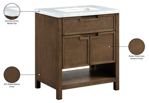 Meridian Furniture Soren Solid Wood Bathroom Vanity with Cane Drawer Fronts and Stone Top for Modern Bathrooms Brown 30 inches 690Brown-30