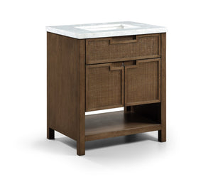 Meridian Furniture Soren Solid Wood Bathroom Vanity with Cane Drawer Fronts and Stone Top for Modern Bathrooms Brown 30 inches 690Brown-30