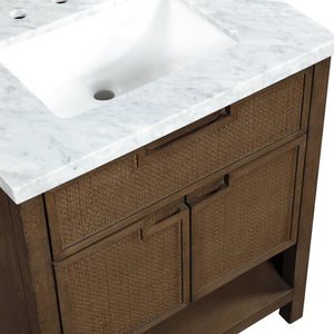 Meridian Furniture Soren Solid Wood Bathroom Vanity with Cane Drawer Fronts and Stone Top for Modern Bathrooms Brown 30 inches 690Brown-30