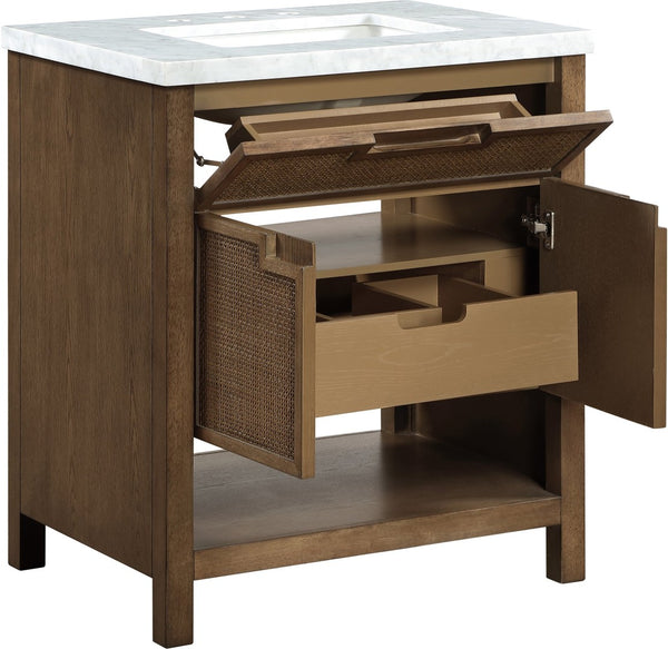 Meridian Furniture Soren Solid Wood Bathroom Vanity with Cane Drawer Fronts and Stone Top for Modern Bathrooms Brown 30 inches 690Brown-30