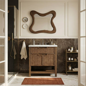 Meridian Furniture Soren Solid Wood Bathroom Vanity with Cane Drawer Fronts and Stone Top for Modern Bathrooms Brown 30 inches 690Brown-30