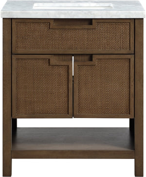 Meridian Furniture Soren Solid Wood Bathroom Vanity with Cane Drawer Fronts and Stone Top for Modern Bathrooms Brown 30 inches 690Brown-30