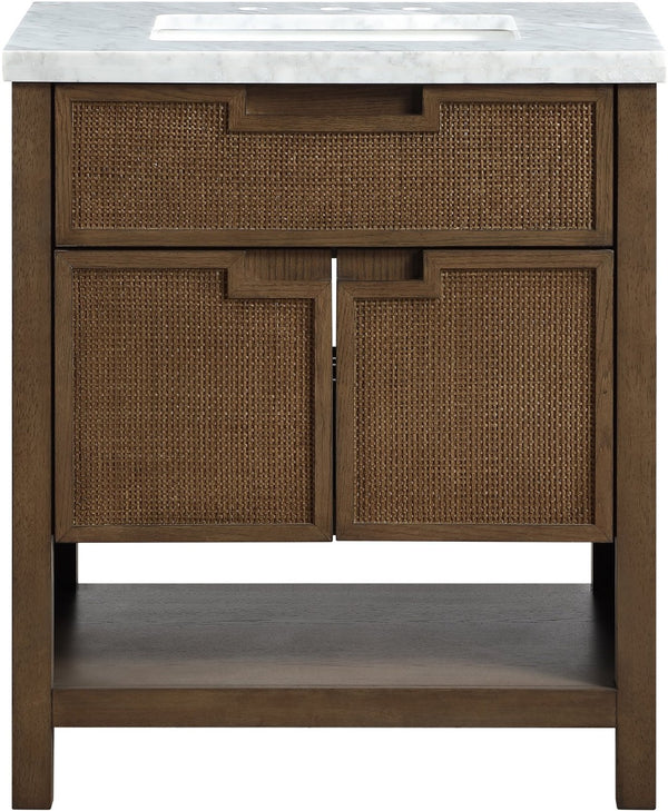 Meridian Furniture Soren Solid Wood Bathroom Vanity with Cane Drawer Fronts and Stone Top for Modern Bathrooms Brown 30 inches 690Brown-30
