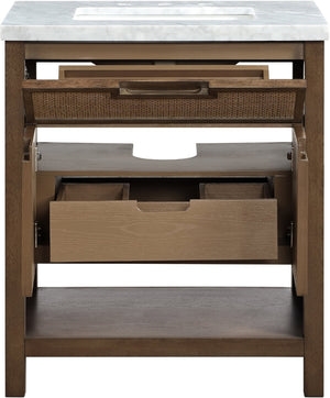 Meridian Furniture Soren Solid Wood Bathroom Vanity with Cane Drawer Fronts and Stone Top for Modern Bathrooms Brown 30 inches 690Brown-30