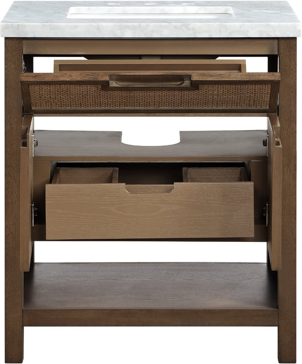 Meridian Furniture Soren Solid Wood Bathroom Vanity with Cane Drawer Fronts and Stone Top for Modern Bathrooms Brown 30 inches 690Brown-30