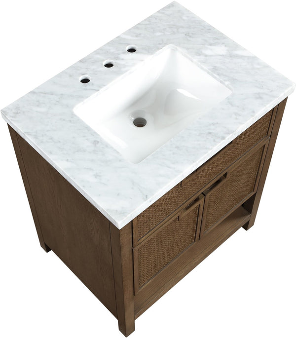 Meridian Furniture Soren Solid Wood Bathroom Vanity with Cane Drawer Fronts and Stone Top for Modern Bathrooms Brown 30 inches 690Brown-30