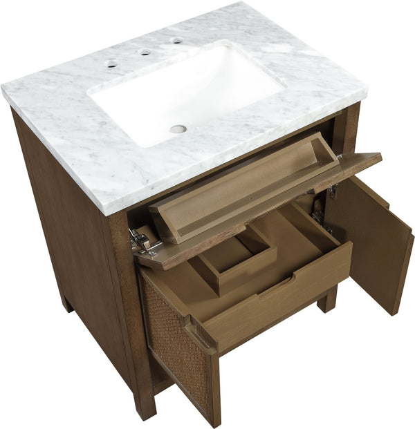 Meridian Furniture Soren Solid Wood Bathroom Vanity with Cane Drawer Fronts and Stone Top for Modern Bathrooms Brown 30 inches 690Brown-30
