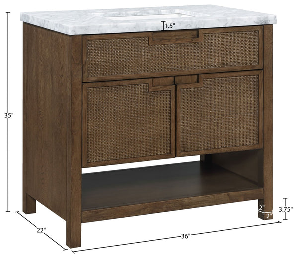 Meridian Furniture Soren Solid Wood Bathroom Vanity with Cane Drawer Fronts and Stone Top for Modern Bathrooms Brown 36 inches 690Brown-36