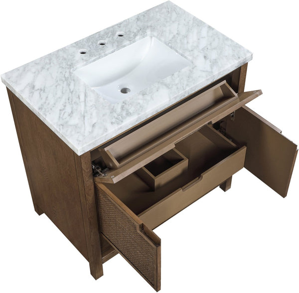 Meridian Furniture Soren Solid Wood Bathroom Vanity with Cane Drawer Fronts and Stone Top for Modern Bathrooms Brown 36 inches 690Brown-36