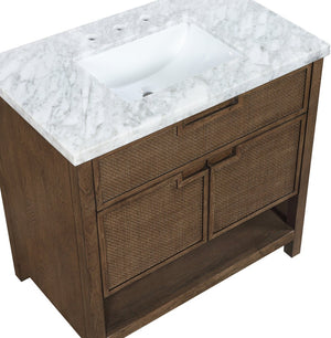 Meridian Furniture Soren Solid Wood Bathroom Vanity with Cane Drawer Fronts and Stone Top for Modern Bathrooms Brown 36 inches 690Brown-36