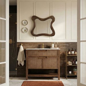 Meridian Furniture Soren Solid Wood Bathroom Vanity with Cane Drawer Fronts and Stone Top for Modern Bathrooms Brown 36 inches 690Brown-36