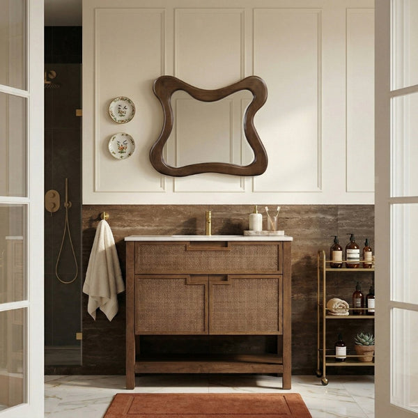 Meridian Furniture Soren Solid Wood Bathroom Vanity with Cane Drawer Fronts and Stone Top for Modern Bathrooms Brown 36 inches 690Brown-36